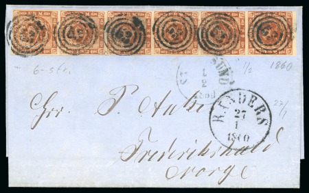 Stamp of Denmark 1860 (Jan 27) Wrapper from Randers to Fredrikshald, Norway, with 1858-62 4r brown vertical strip of five