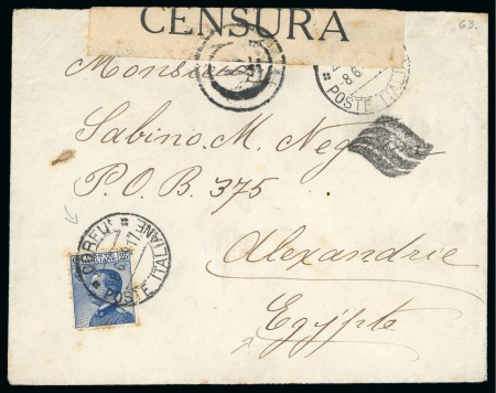 1917 (June 8) Envelope from Corfu to Egypt with Italian 25c tied by "CORFU / POSTE ITALIANE" cds, censored