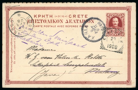 1908 (Mar 6) 10c reply paid postal stationery card from Chania to Java