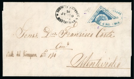 Stamp of Uruguay 1860 120c bisect on rare cover with blue Maldonado hs