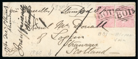 Stamp of Egypt » British Post Offices 1860 (Dec 5) Envelope from Alexandria to Scotland with two GB 1855-57 4d tied by "B01" numerals, ms "Insufficiently stamped / 1d"