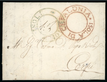 1823 (Aug 14) Lettersheet from Cefalonia to Corfu with large red "ISOLA DI / CEFLONIA" double circle hs
