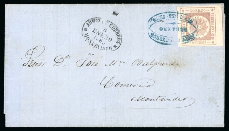 Stamp of Uruguay 1861 60c rose brown on cover with Durazno blue hs