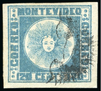 Stamp of Uruguay 1858 120c dark blue, the only example known in the "Sun" issues with the "Sunburst" cancellation