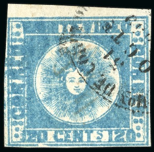 Stamp of Uruguay 1858 120c blue, subtype 7A, double impression at left