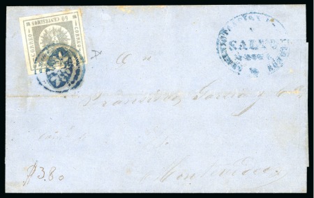Stamp of Uruguay 1859 60c gray lilac, on cover tied by mute "scarab" hs of Salto in blue