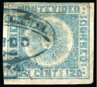 Stamp of Uruguay 1858 120c blue, two unique examples cancelled with Arredondo hs