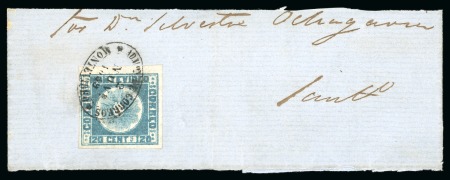 Stamp of Uruguay 1858 120c light slate blue, type 13, on large piece of cover