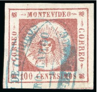 Stamp of Uruguay 1859 100c lake, two examples used at Cerro Largo and Salto in blue