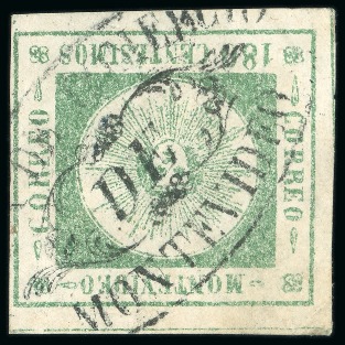 Stamp of Uruguay 1859 180c green, two examples, “SALA DE COMERCIO/MONTEVIDEO” oval hs
