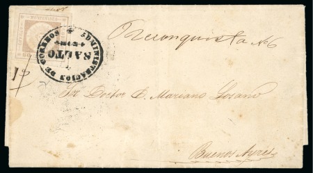 Stamp of Uruguay 1860 60c pale brown, on underpaid and taxed cover to Argentina with Salto ornate oval hs