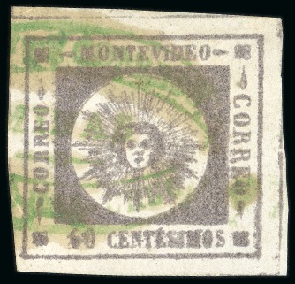 Stamp of Uruguay 1859 60c grey lilac, four stamps with rare usages