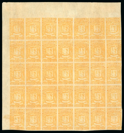 Stamp of Venezuela 1859 1/2r orange, fine impression, mint block of 35 