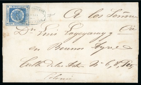 Stamp of Uruguay 1860 120c blue, on cover with Colonia hs