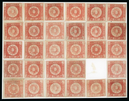 Stamp of Uruguay 185, 240c red, complete reconstructed transfer block of 29 types