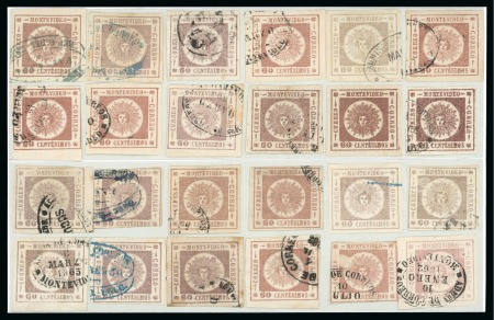 Stamp of Uruguay 1861 60c in two complete reconstructed transfer blocks, 12 normal types and 12 subtypes