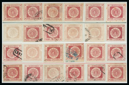 Stamp of Uruguay 1861 100c in two complete reconstructed transfer blocks, 12 normal types and 12 subtypes