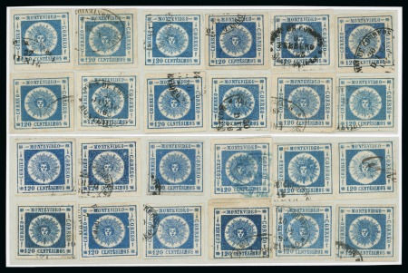 Stamp of Uruguay 1860 120c in two complete reconstructed transfer blocks, 12 normal types and 12 subtypes