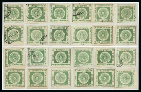 Stamp of Uruguay 1862 180c in two complete reconstructed transfer blocks, 12 normal types and 12 subtypes