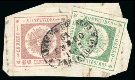Stamp of Uruguay 1859 180c green in combination with 1861 Thick Figures 60c on piece