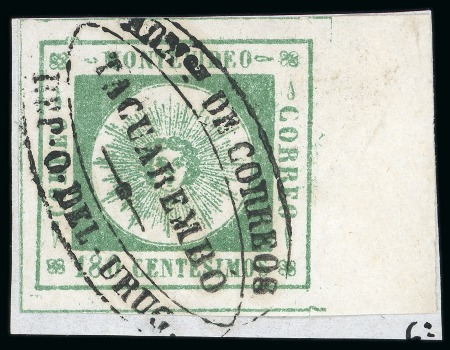 Stamp of Uruguay 1859 180c green, three rare usages