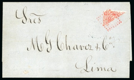 Stamp of Ecuador 1869-73 4r red-carmine, bisect on cover to Peru
