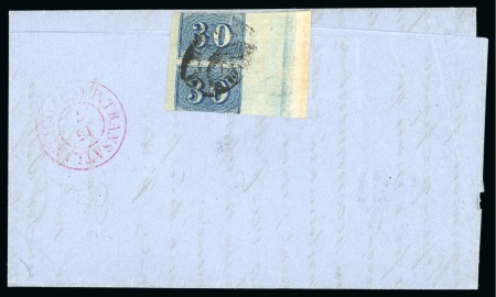 1854-61 30r blue, marginal vertical pair on cover to Portugal