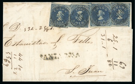 Stamp of Chile 1856ca Cover to Argentina with Estancos 10c (4) and SANTA ROSA pmk