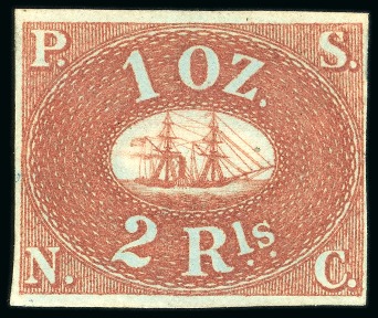 Stamp of Peru 1857 PSNC 2r brown-red on bluish paper, mint o.g.