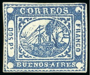 Stamp of Argentina » Buenos Aires 1858 2p ("DOS") blue, a magnificent mint example
