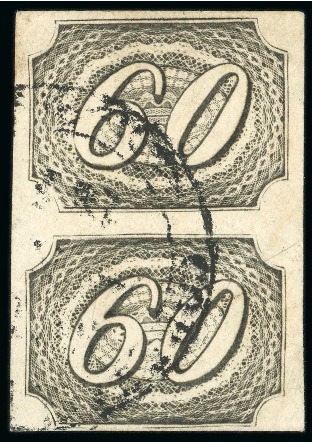 1844 60r black on "Bull's Eyes Paper", vertical pair with types II / I