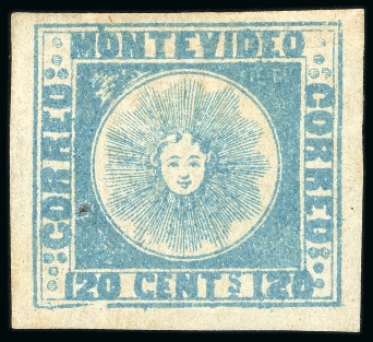 Stamp of Uruguay 1858 120c blue, type 18, a mint example with o.g.