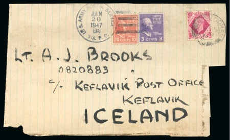 1947 Parcel front from Great Britain, commercial mixed franking GB - US for military mail to Iceland.