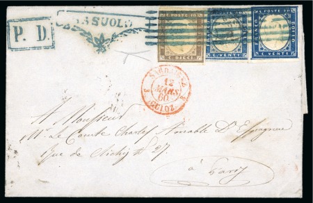 Stamp of Italian States » Modena Cisappennino Modenese, a unique item sent abroad with postal fraud and very rare Sardinia 10c+20c (2) franking