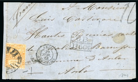 1864 "Paouete" 2r  yellow-orange, serpentine roulette, on cover