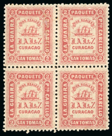 Stamp of Venezuela » Ship Post Jesurun 1869  2r red, perf. 11 1/2 x 12 1/2, three unmounted mint blocks of four