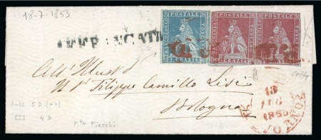 Stamp of Italian States » Tuscany 1851-52 1cr carmine on bluish pair and 2cr light blue on greyish, on cover to Bologna