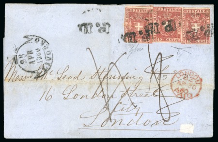 Stamp of Italian States » Tuscany 1860 40c carminio del Governo Provvisorio, tre esemplari su lettera