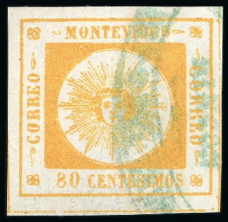 Stamp of Uruguay 1859 80c yellow with Rincón oval hs