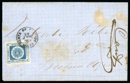 Stamp of Uruguay 1860 120c blue on cover with Renta de Salto cds