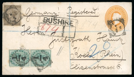 Stamp of Persia » Indian Postal Agencies in Persia BUSHIRE: 1899 Registered consular stationery envelope