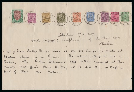 ABADAN: 1917 Document bearing a part set of nine India George V from 1/2a to 1r all tied by ABADAN cds 