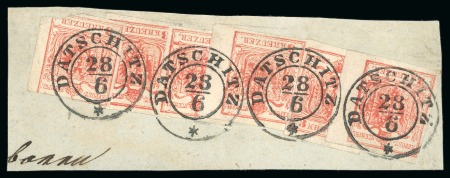 Datschitz - Bohemia (Böhmen). 1850 3kr, six examples in "Treppenfrankatur" on opiece