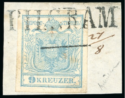 Pilgram - Bohemia (Böhmen). 1850 9kr on piece tied in bluish black, Müller 2146a