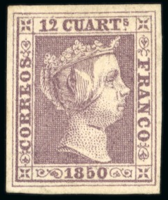Stamp of Spain 1850 Isabel II 12c lilac, good to large margins, mint part og