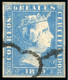 Stamp of Spain 1850 Isabel II 6r blue, fine even margins, neatly cancelled in the lower left corner leaving the profile clear