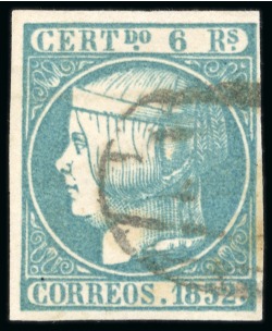 Stamp of Spain 1852 Isabel II 6r blue green, fine to large margins, neatly cancelled with barred oval