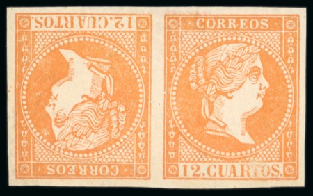 Stamp of Spain 1855 Isabel II 12c dark orange (unissued) in mint nh tête-bêche pair