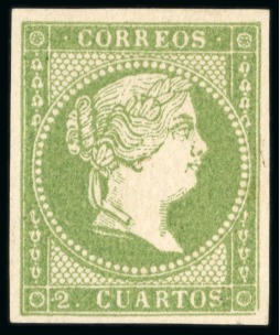 Stamp of Spain 1856 Isabel II 2c yellow-green, no wmk, thick paper, good even margins, mint og