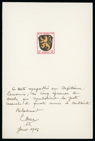 1945 French Zone group of five artist's proofs for the 10pf, 12pf, 15pf, 20pf and 30pf, each inscribed, signed and dated by the artist